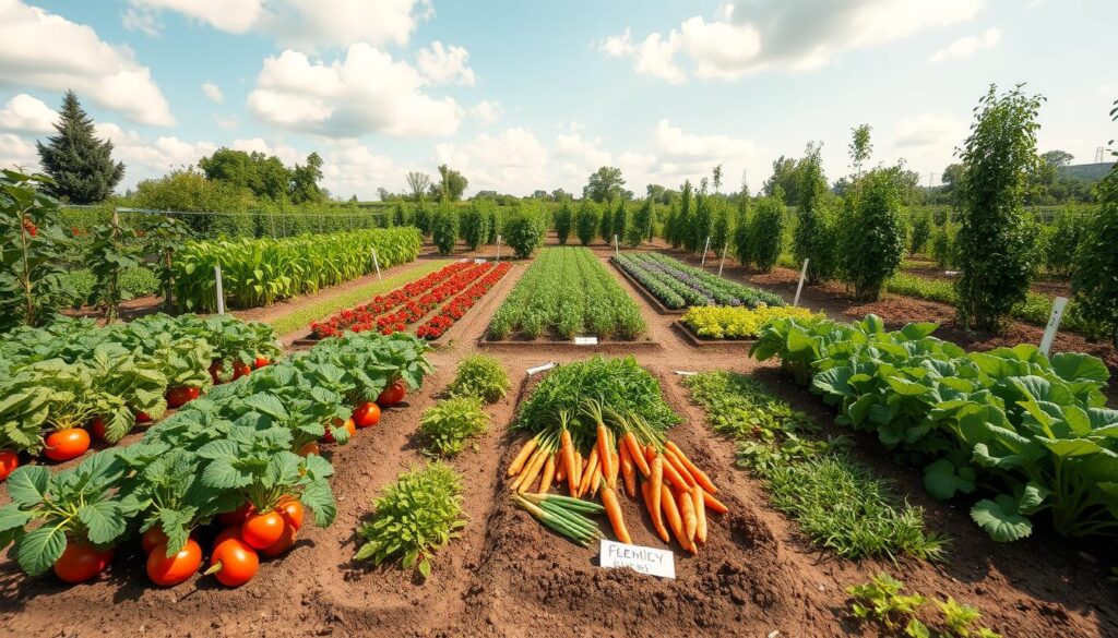 A well-organized vegetable garden demonstrating the principles of crop rotation, featuring a vibrant and diverse layout. In the foreground, a variety of healthy vegetables like tomatoes, carrots, and lettuce are neatly planted in rows, showcasing different growth stages. The middle ground includes labeled sections representing different plant families, with clear distinctions between legumes, root vegetables, and leafy greens. In the background, a sunny sky with soft clouds illuminates the scene, casting warm light over the garden, enhancing the colors of the plants. The atmosphere is lively and productive, capturing the essence of sustainable gardening practices. Use a wide-angle perspective to encompass the entire garden layout, ensuring clarity in plant arrangements without any text or distractions.