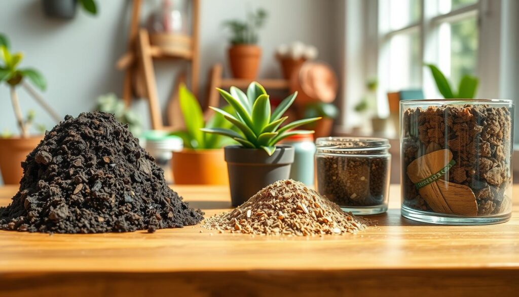 An aesthetically pleasing image showcasing a variety of potting soil options for indoor plants, arranged on a wooden table. In the foreground, three distinct clusters of soil types: rich, dark, and crumbly organic potting mix; light and airy cactus mix; and a well-draining orchid bark mixture, all in clear glass containers. In the middle ground, a well-lit potted houseplant demonstrates healthy growth, highlighting the benefits of quality soil. The background features soft-focus gardening tools and a window bathed in natural sunlight, creating a warm, inviting atmosphere. The lighting is bright and natural, drawing attention to the textures of the soil. The overall mood is tranquil and inspirational, perfect for plant enthusiasts.