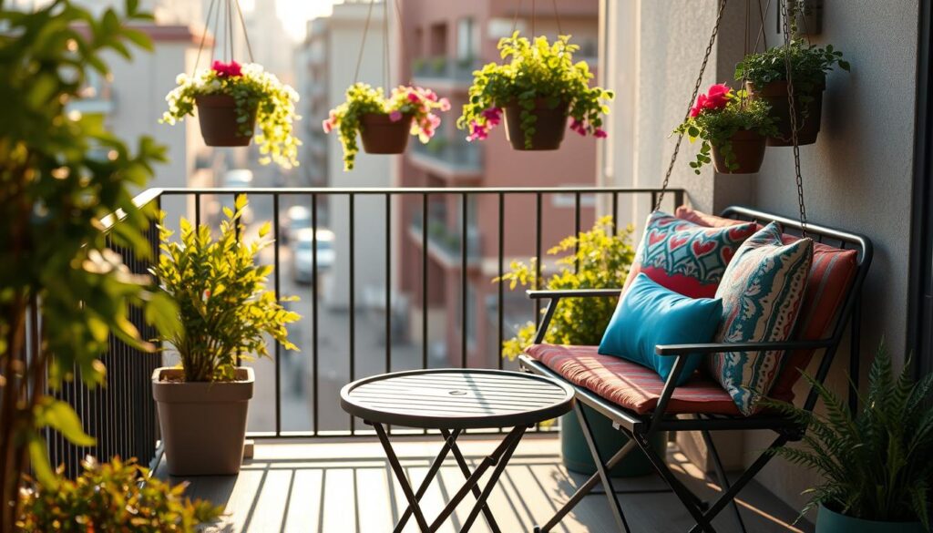 A cozy balcony scene featuring a stylish set of folding and hanging balcony furniture. In the foreground, a round bistro table with two compact, foldable chairs, made of durable, weather-resistant materials. The middle layer includes decorative cushions in vibrant colors, enhancing comfort and inviting relaxation. The background showcases a lush urban garden with hanging planters filled with flowers and greenery, creating a serene atmosphere. The lighting is warm and inviting, suggesting a late afternoon ambiance, with soft sunlight casting gentle shadows. The angle captures the essence of a functional yet aesthetically pleasing small balcony setup, perfect for enjoying coffee or reading.