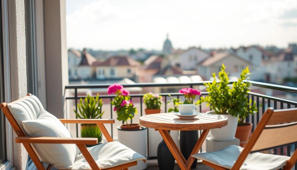 A cozy balcony scene featuring stylish and functional garden furniture designed for small spaces. In the foreground, showcase a compact, round wooden coffee table flanked by two folding chairs with soft cushions in light pastel colors. The middle layer should include decorative potted plants, such as vibrant flowers and lush green herbs, adding a touch of nature. The background reveals a charming cityscape with soft-focus buildings under a bright blue sky, bathed in warm, afternoon sunlight. Capture the scene from a slightly elevated angle to give a sense of depth and space. The overall mood is inviting and serene, perfect for enjoying a cup of coffee while relaxing outdoors.